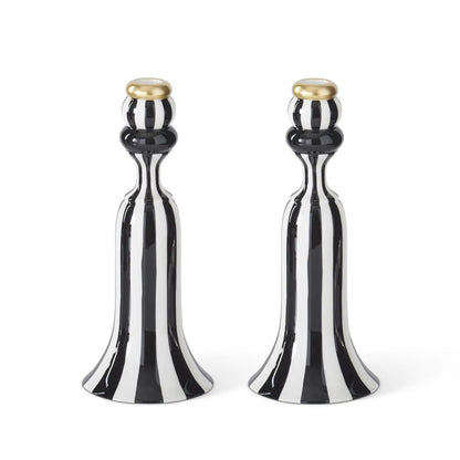 Set Of Two 10 Inch Black & White Striped Ceramic Taper Candle Holder