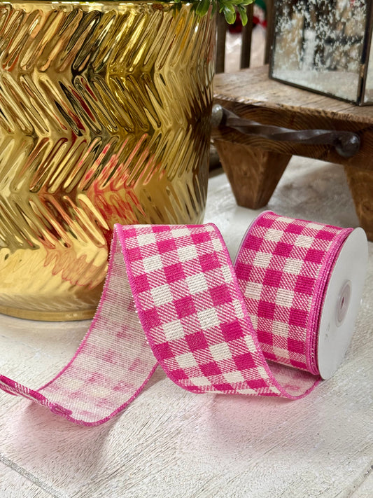 2.5 Inch By 10 Yard Hot Pink And White Gingham Twill Ribbon