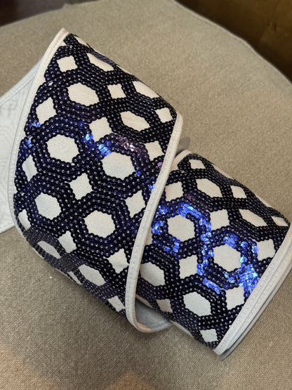 John Mark 4 Inch By 5 Yard Blue And White Sequin Dupioni Fused Piping Ribbon