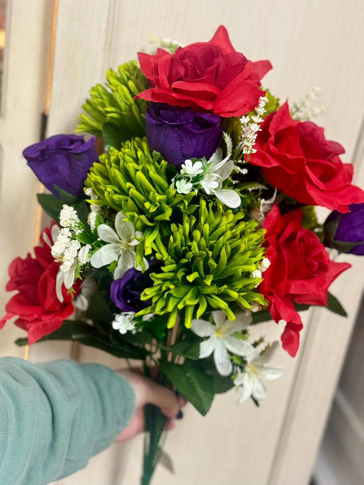 24 Inch Rosebud Mum Mixed Floral Bush Green Purple Red