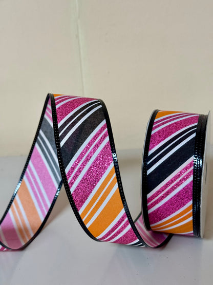 1.5 Inch By 10 Yard Orange Black And Pink Striped Ribbon