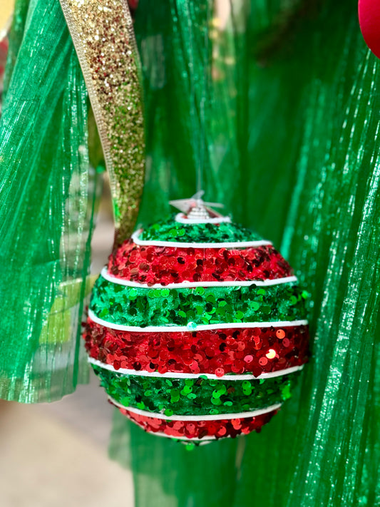 5.5 Inch Red And Emerald Green Sequin Striped Ornament Ball