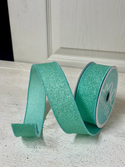 1.5 Inch By 10 Yard Mint Green Fine Glitter Ribbon