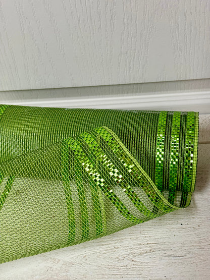 10 Inch By 10 Yard Apple And Moss Green Border Stripe Metallic Mesh