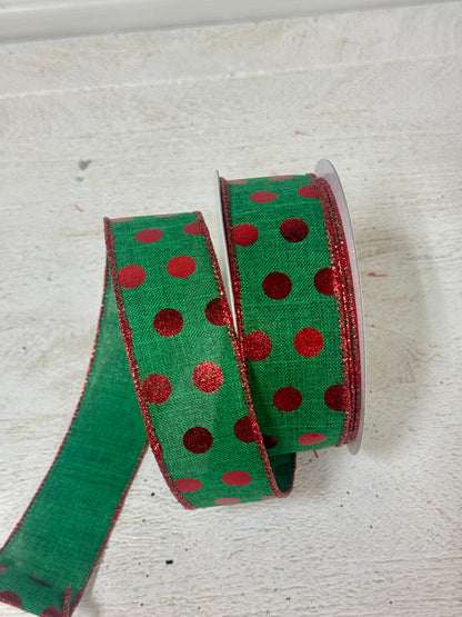 1.5 Inch By 10 Yard Emerald Green And Red Polka Dot Ribbon