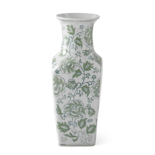 14 Inch Green And White Floral Ceramic Vase