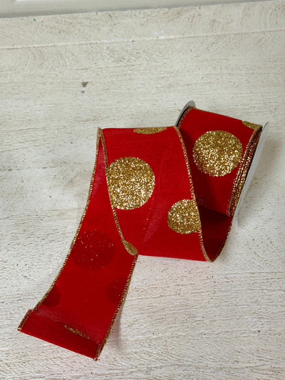 2.5 Inch By 10 Yard Gold And Red Polka Dot Ribbon