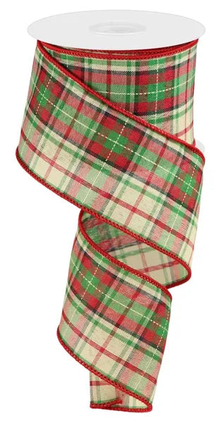 2.5 Inch By 10 Yard Red Cream Green And Black Woven Plaid Ribbon