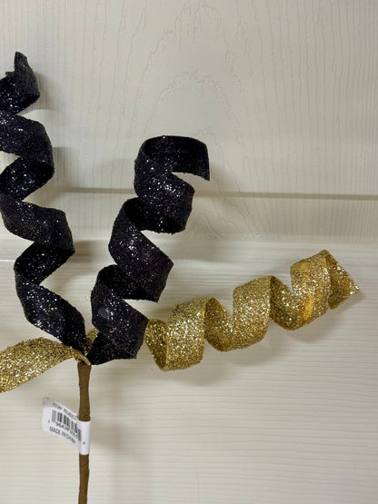 11 Inch Gold And Black Glitter Curly Pick