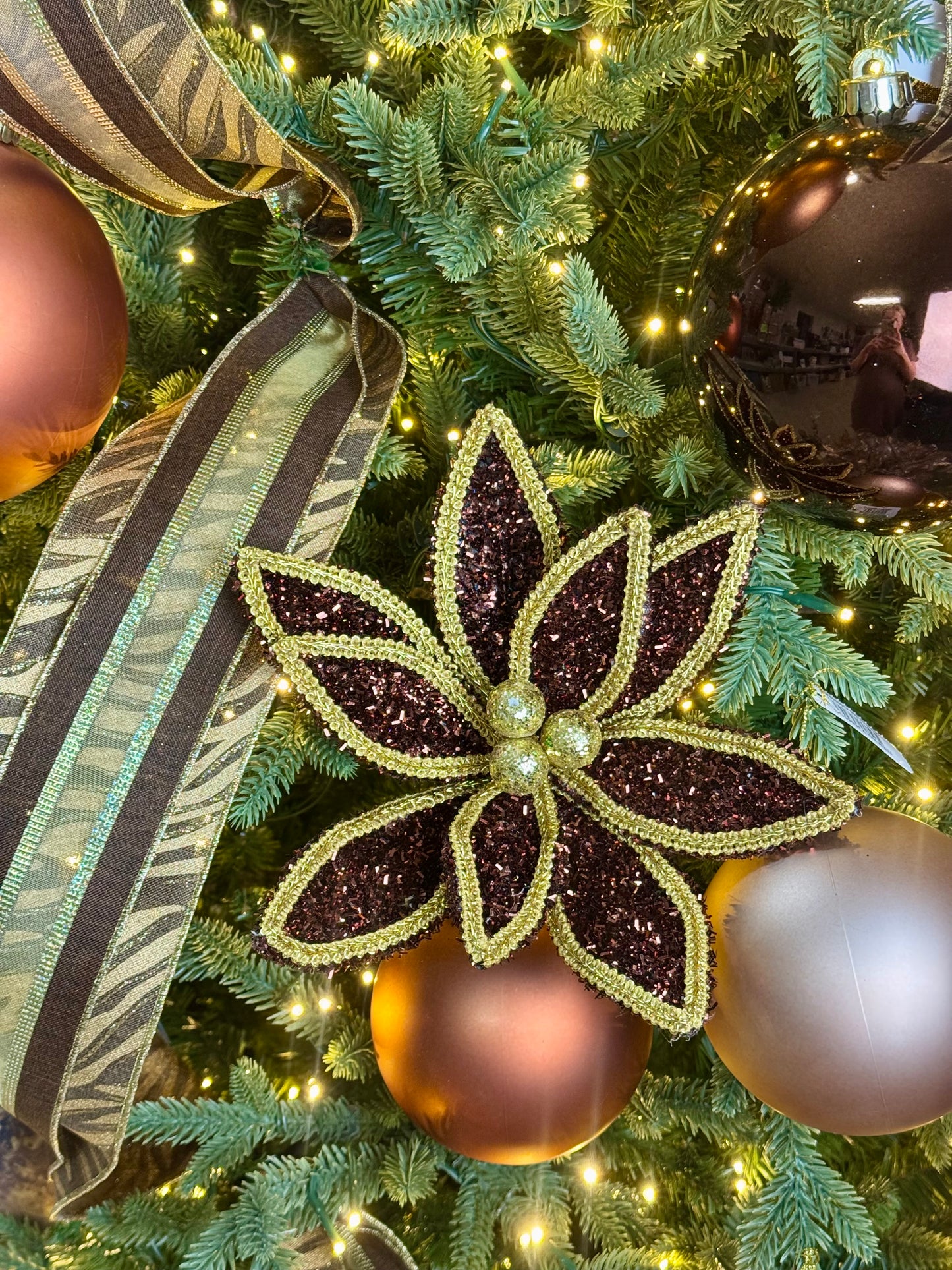 14 Inch Chocolate And Gold Glitter Laced Edge Poinsettia Pick