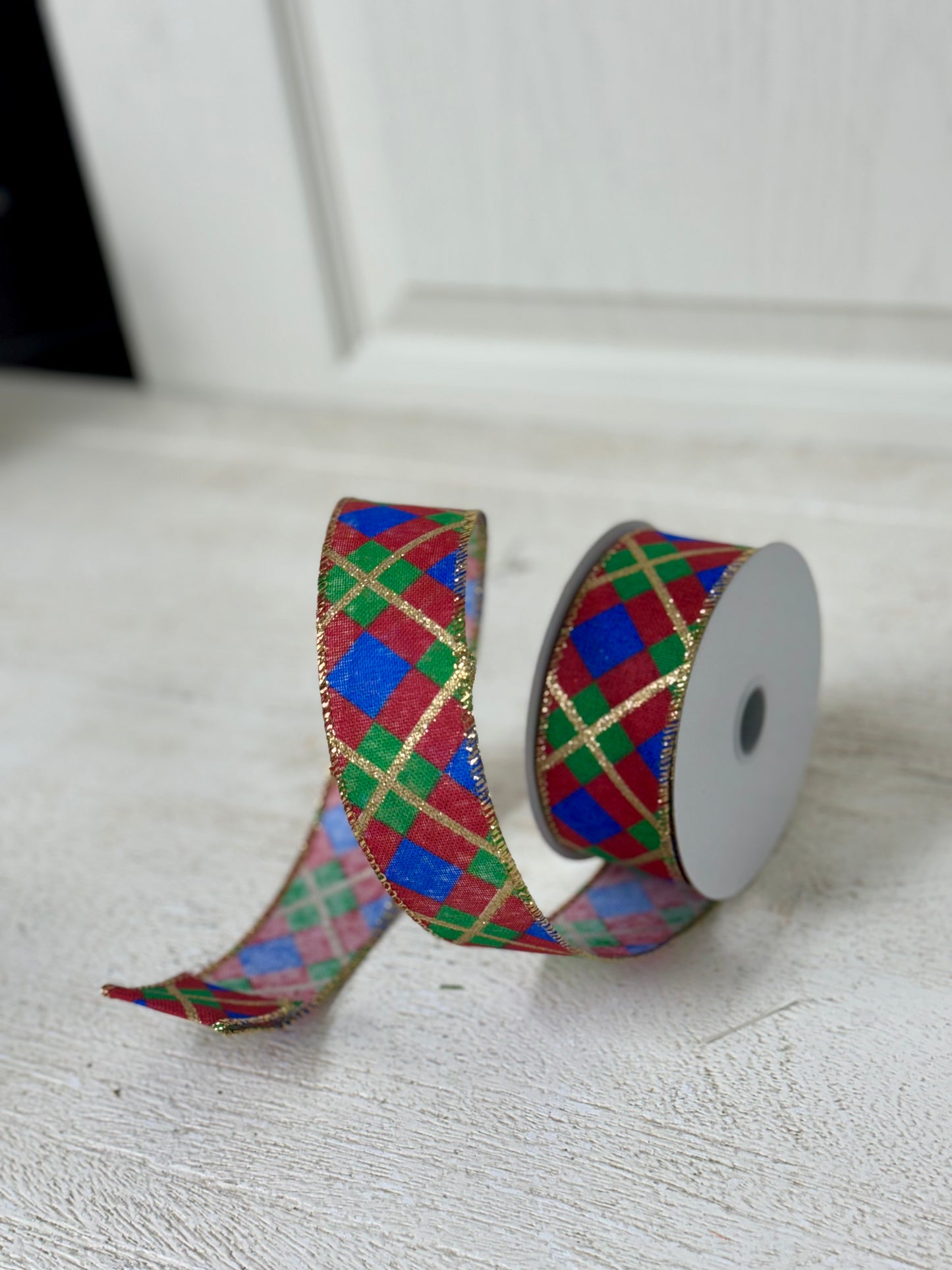 1.5 Inch By 10 Yard Gold Red Green And Blue Georgina Plaid Ribbon