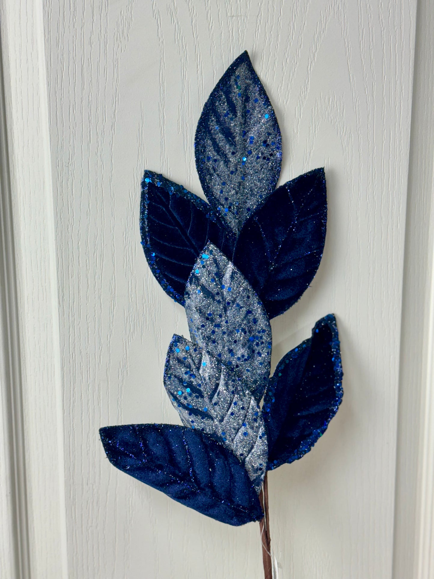 27 Inch Navy Blue Velvet And Glitter Magnolia Leaf Spray