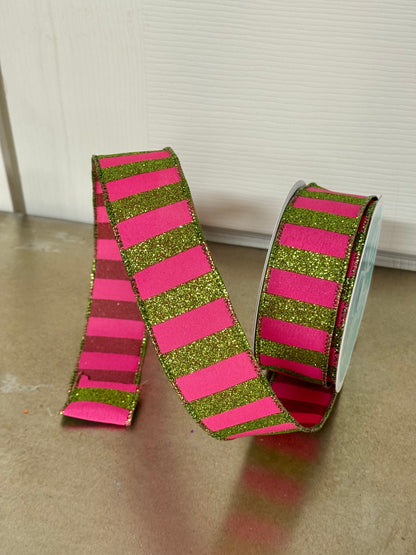 1.5 Inch By 10 Yard Lime Green And Hot Pink Striped Ribbon