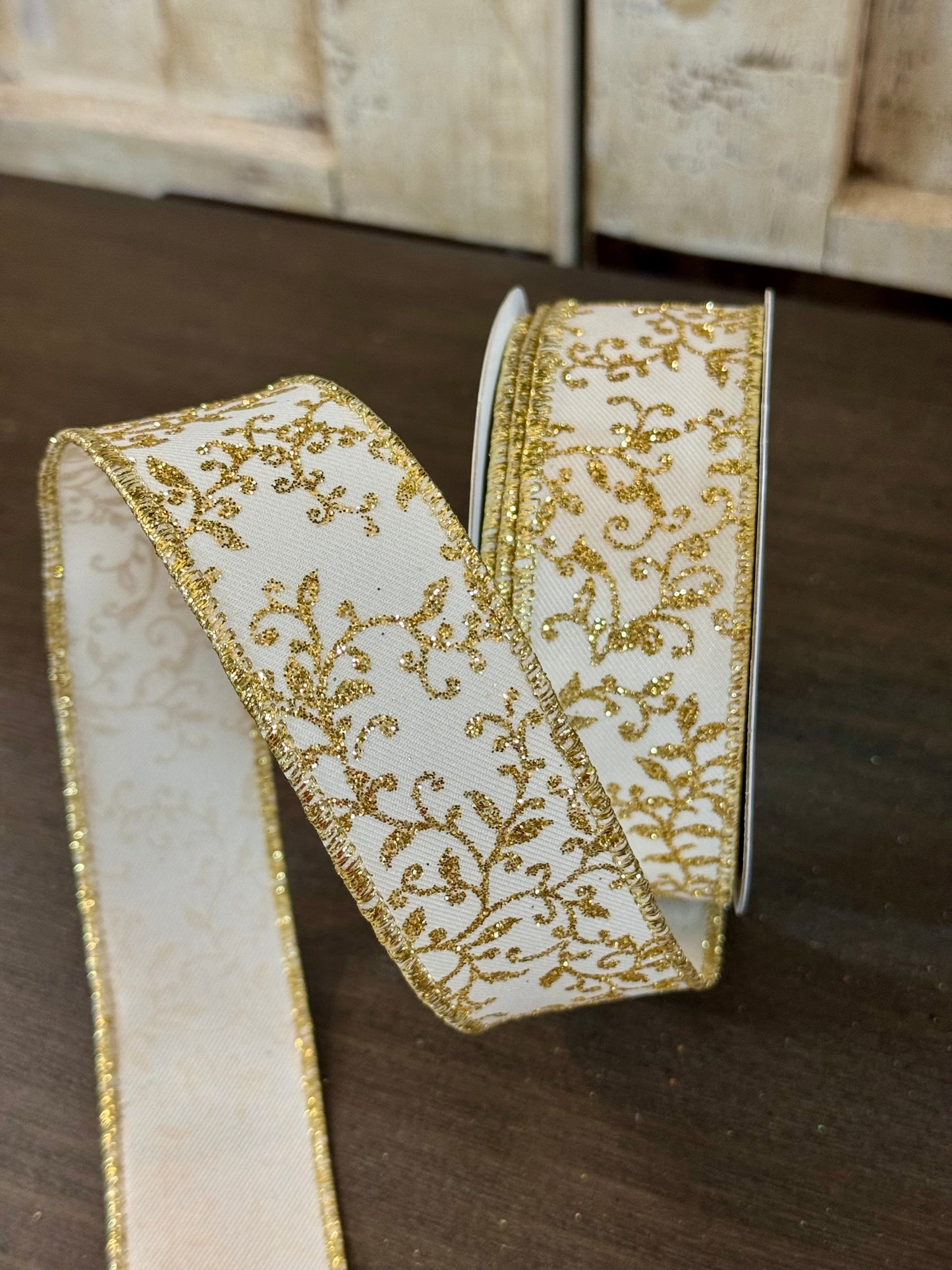 1.5 Inch By 10 Yard Ivory And Gold Mini Leaf Vines Ribbon