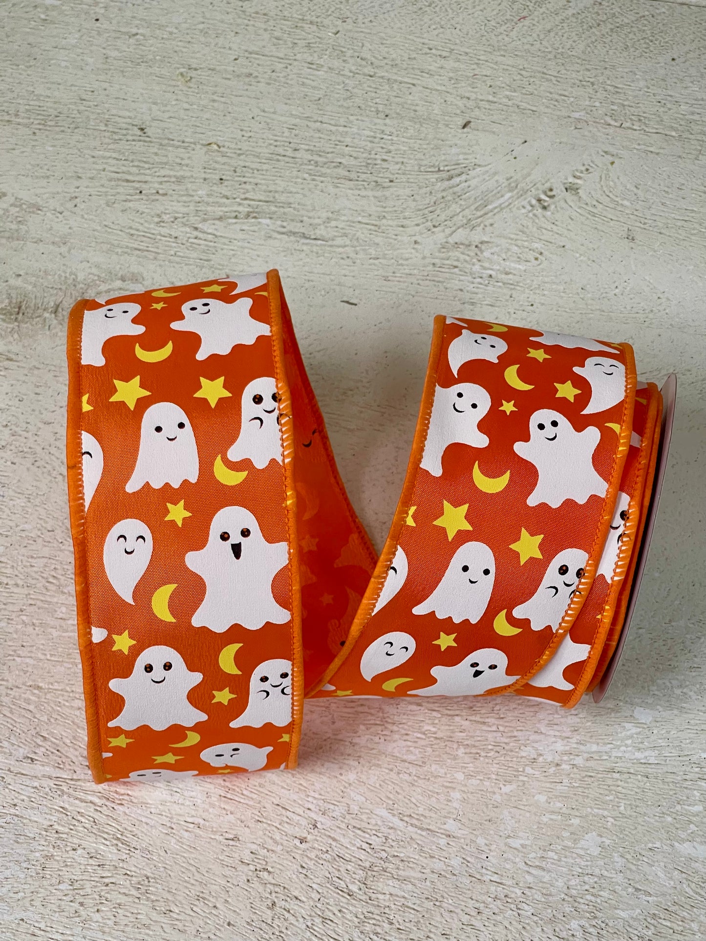 2.5 Inch By 10 Yard Orange Ghost Moon And Star Ribbon