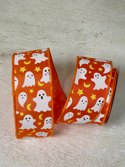 2.5 Inch By 10 Yard Orange Ghost Moon And Star Ribbon