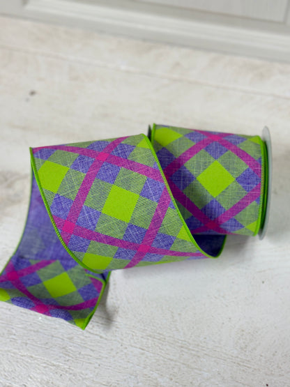 4 Inch By 10 Yard Lavender Pink And Lime Green Plaid Ribbon