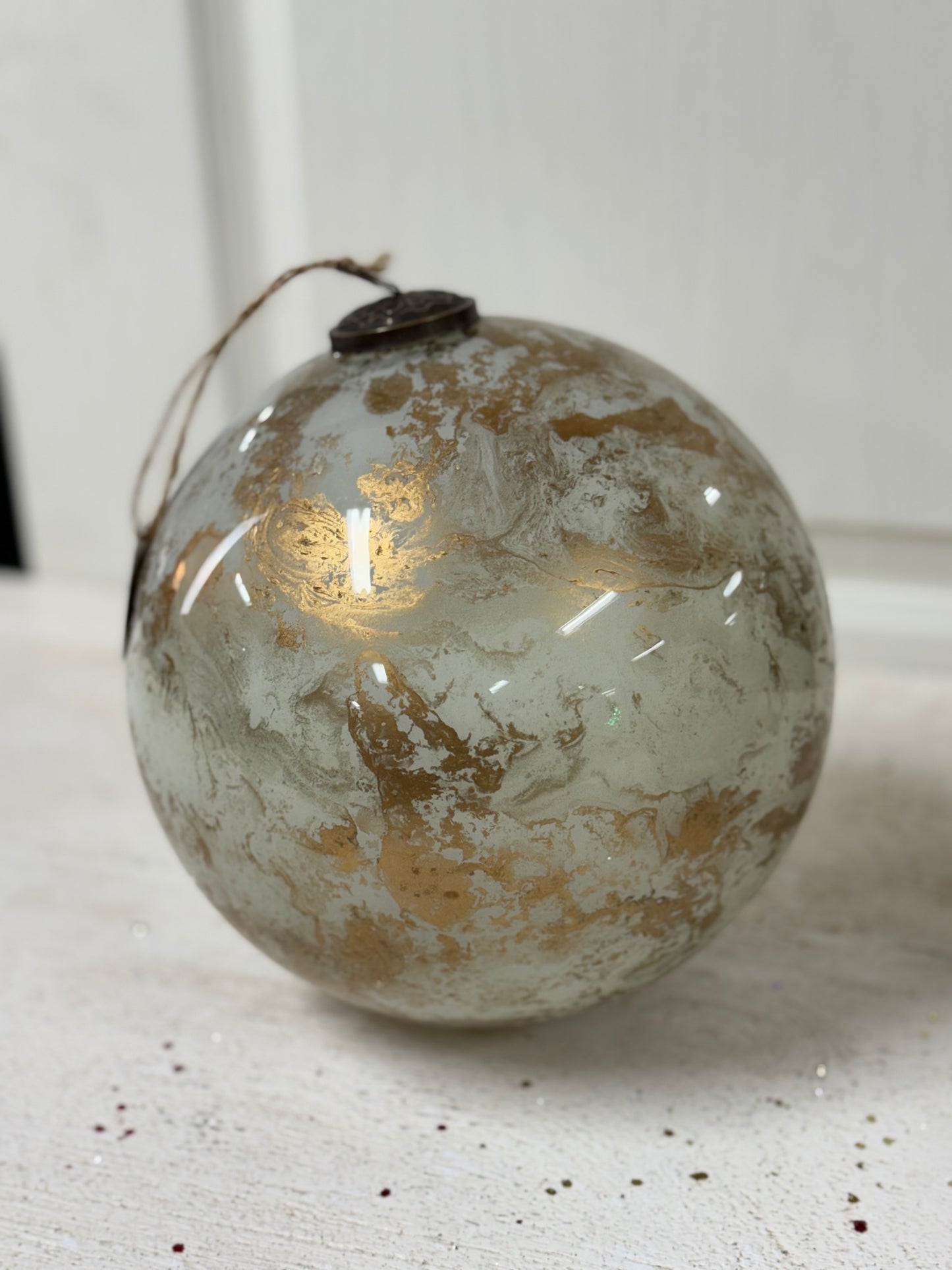 8 Inch Gold And White Glass Marble Ornament Ball