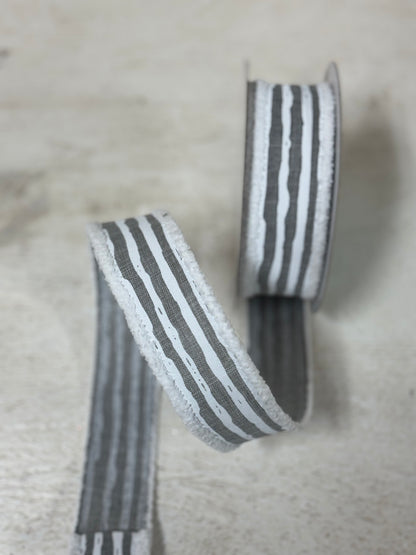 1.5 Inch By 10 Yard Light Grey And White Striped Ribbon With Snow Drift Edging