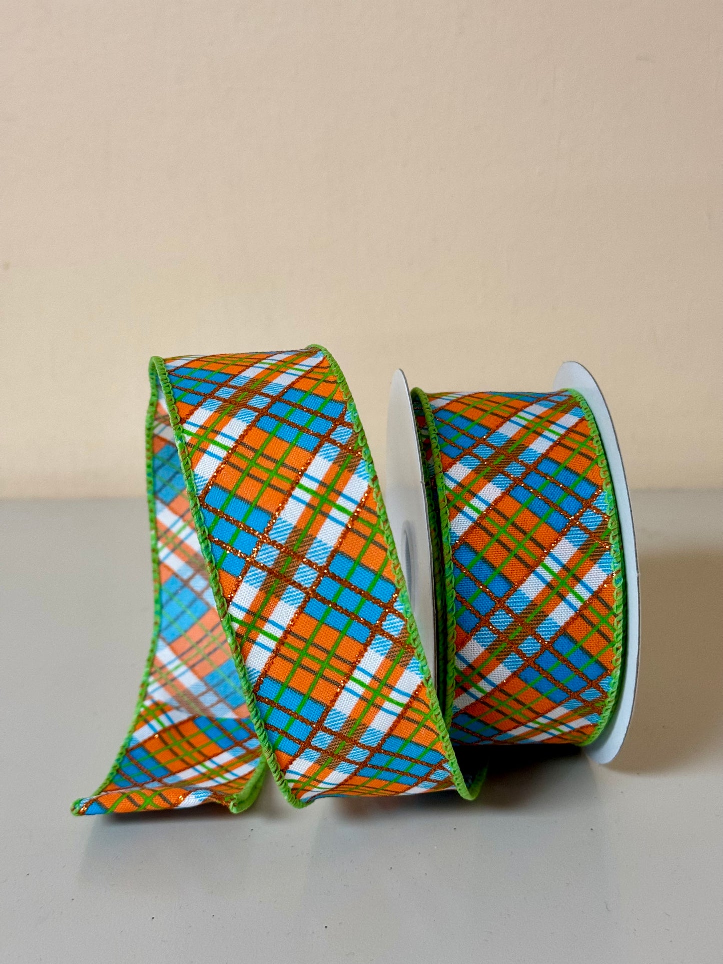 1.5 Inch By 10 Yard Orange Blue Green Plaid Ribbon