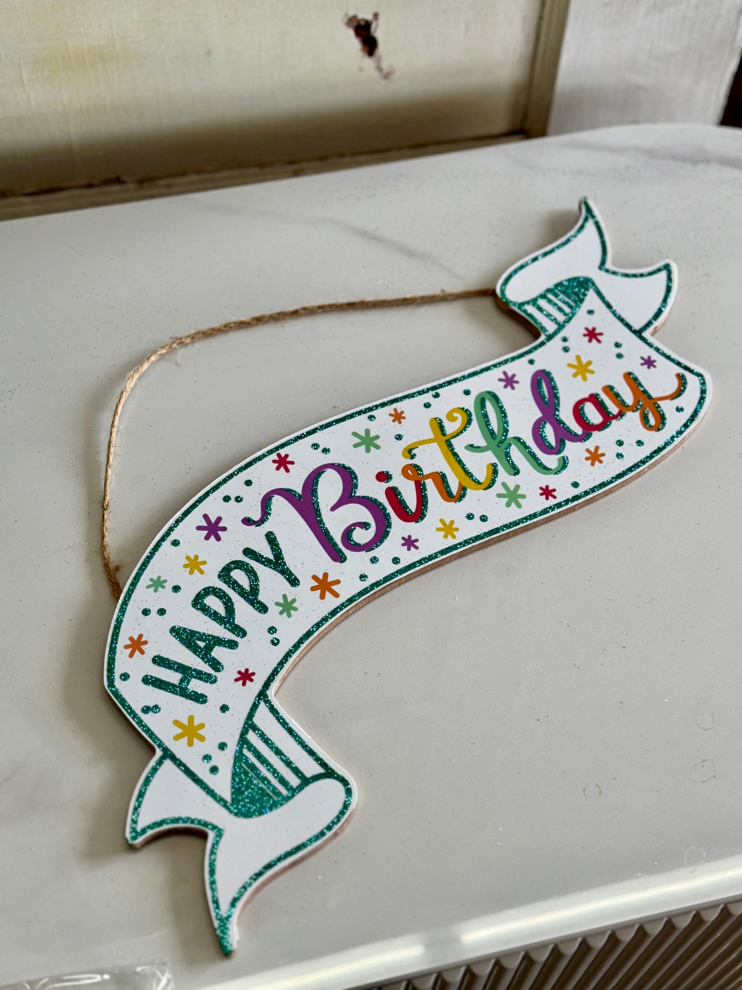 Happy Birthday Glitter Banner Wooden Sign