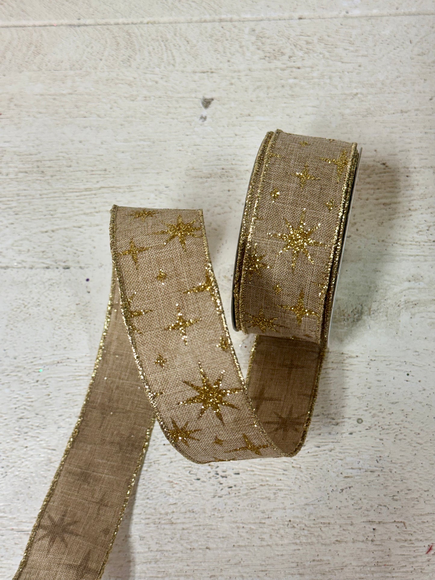 1.5 Inch By 10 Yard Natural And Gold Retro Stars Ribbon