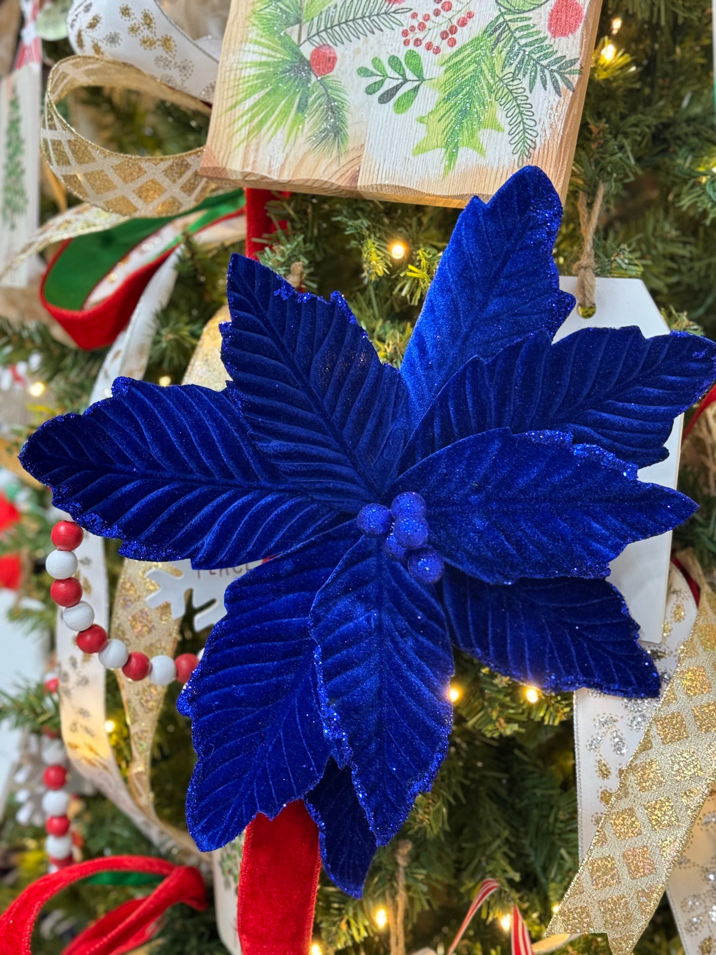 12.5 Inch Royal Blue Velvet Poinsettia Spray