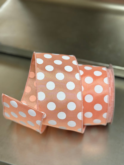 2.5 Inch By 10 Yard Peach And White Large Polka Dot Ribbon