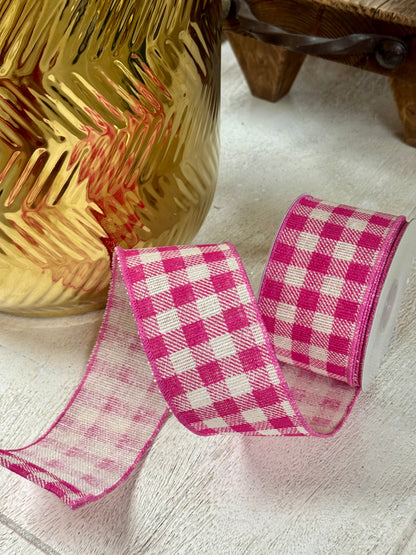 2.5 Inch By 10 Yard Hot Pink And White Gingham Twill Ribbon