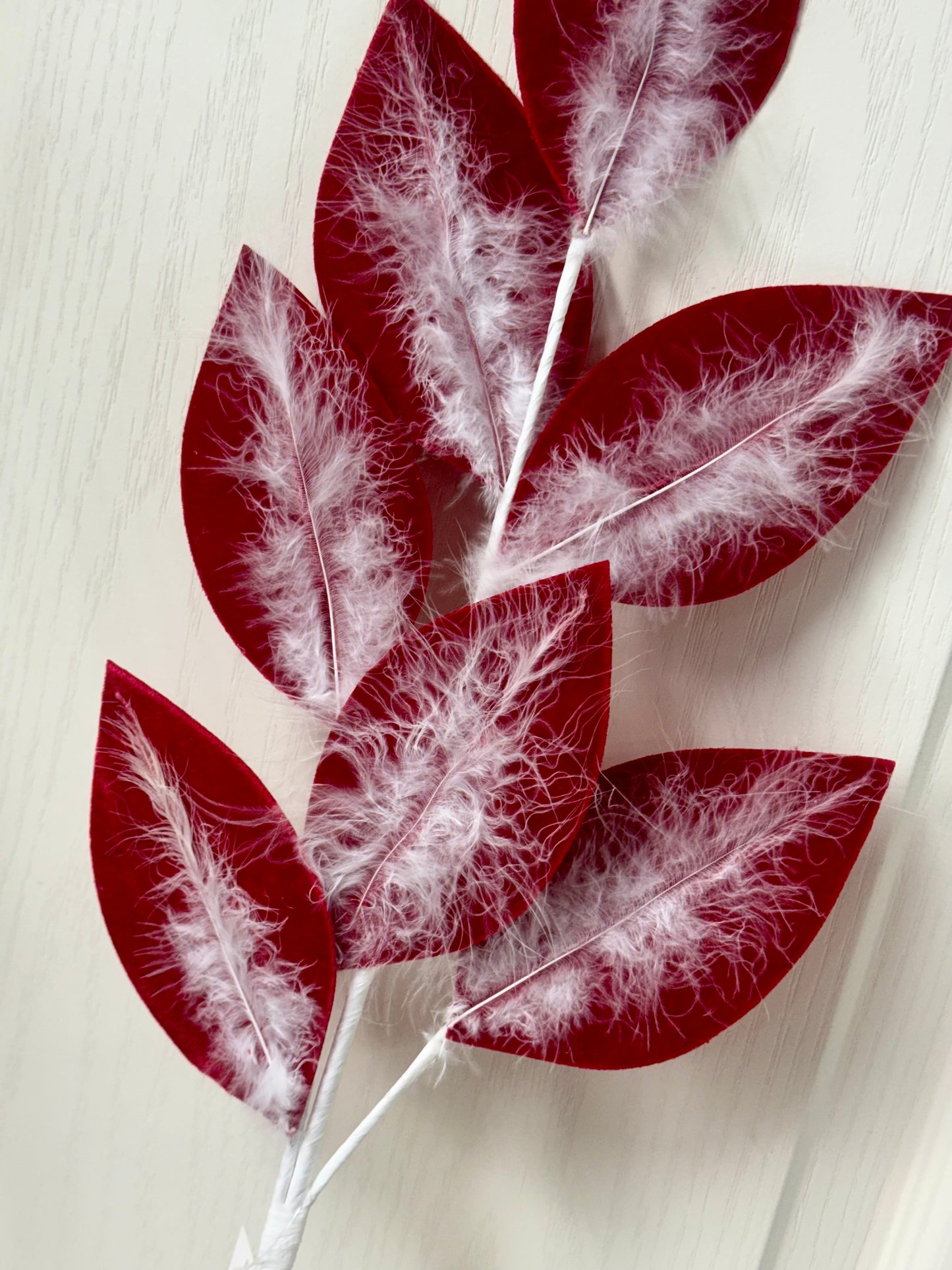 27.5 Inch Red And White Velvet Feather Leaf Spray