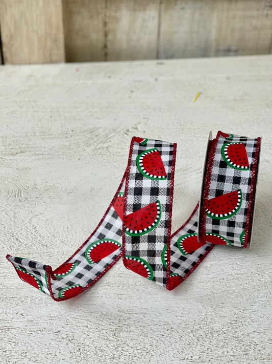 1.5 Inch By 10 Yard Black And White Buffalo Plaid With Watermelon Slices Ribbon