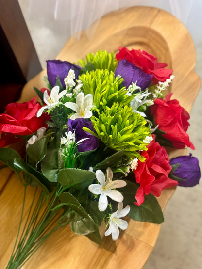 24 Inch Rosebud Mum Mixed Floral Bush Green Purple Red