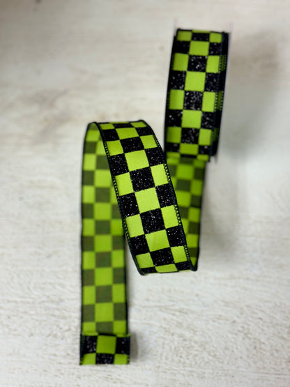 1.5 Inch By 10 Yard Green And Black Glitter Check Ribbon