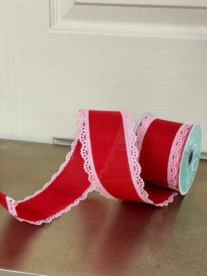 2.5 Inch By 10 Yard Red And Pink Lace Edge Royal Burlap Ribbon