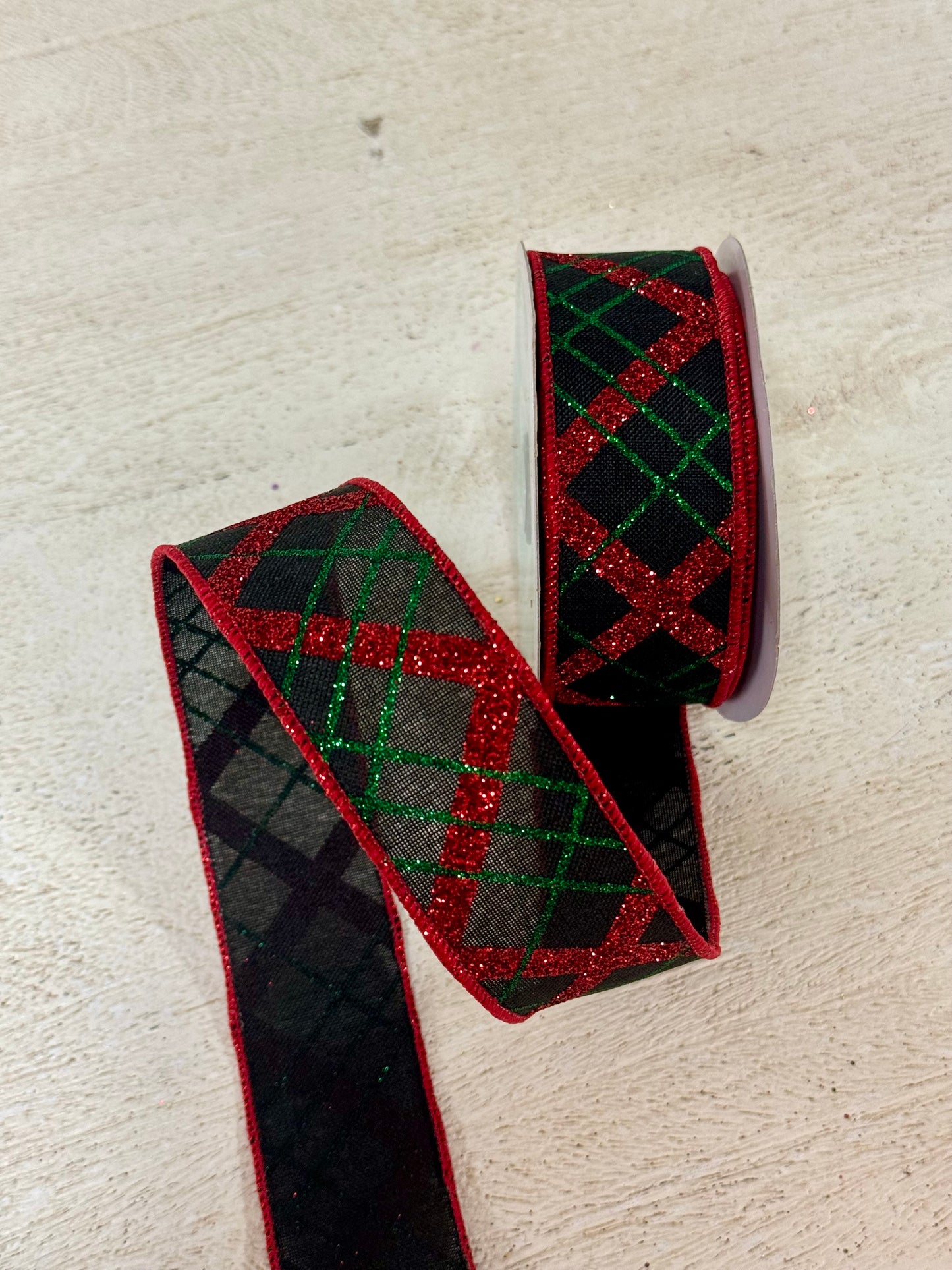 1.5 Inch By 10 Yard Black Red Emerald Glitter Diagonal Plaid Ribbon