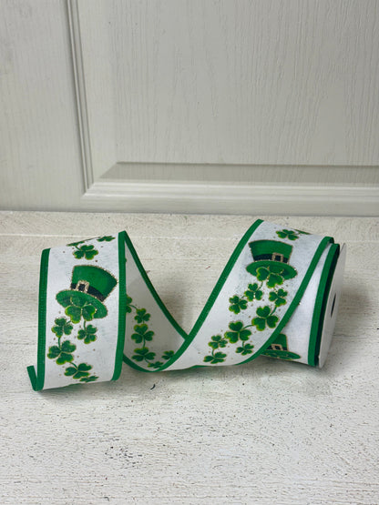 2.5 Inch By 10 Yard White Linen Shamrocks St. Patrick Hat Ribbon