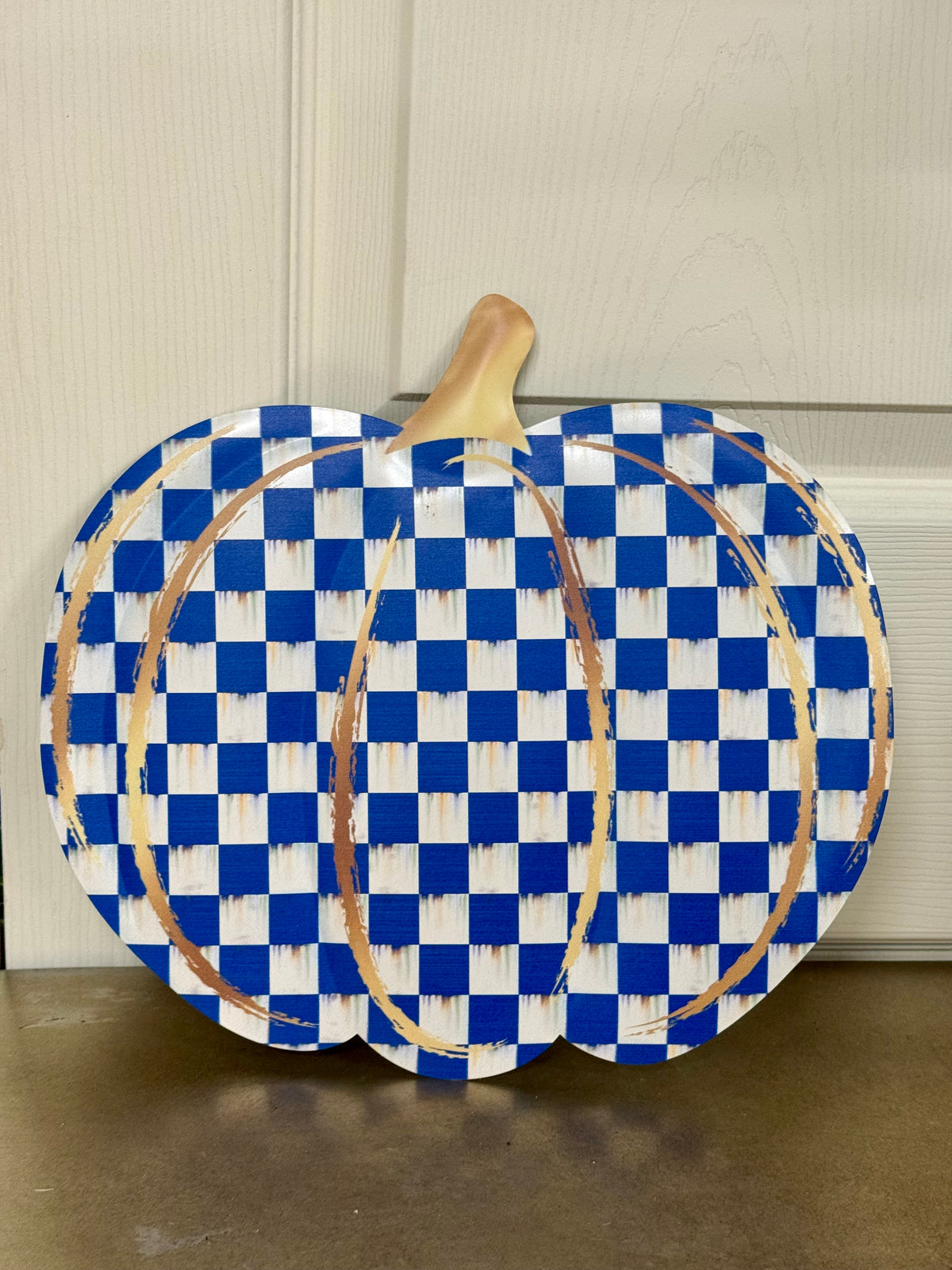 12 Inch Blue Antique White And Gold Check Pumpkin Metal Embossed Wreath Sign