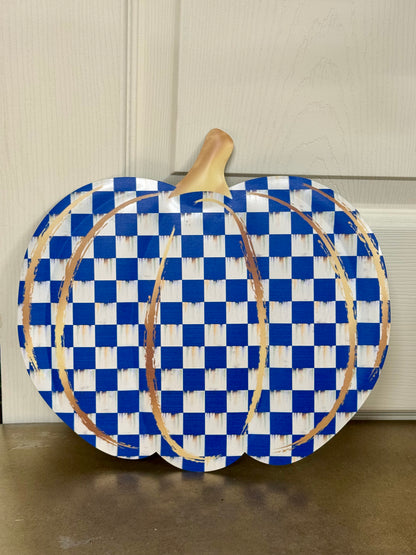 12 Inch Blue Antique White And Gold Check Pumpkin Metal Embossed Wreath Sign