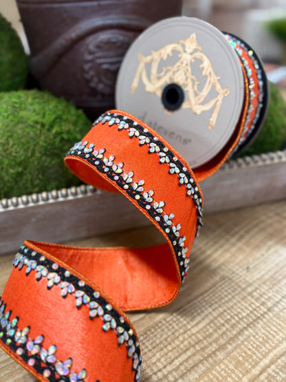 D. Stevens 2.5 Inch By 5 Yards Orange And Black Metallic Dupioni With Iris Jewel Trim Ribbon