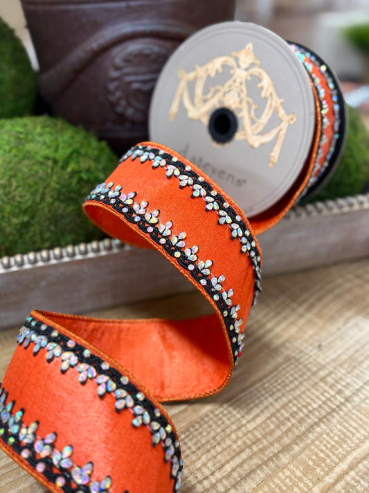 D. Stevens 2.5 Inch By 5 Yards Orange And Black Metallic Dupioni With Iris Jewel Trim Ribbon