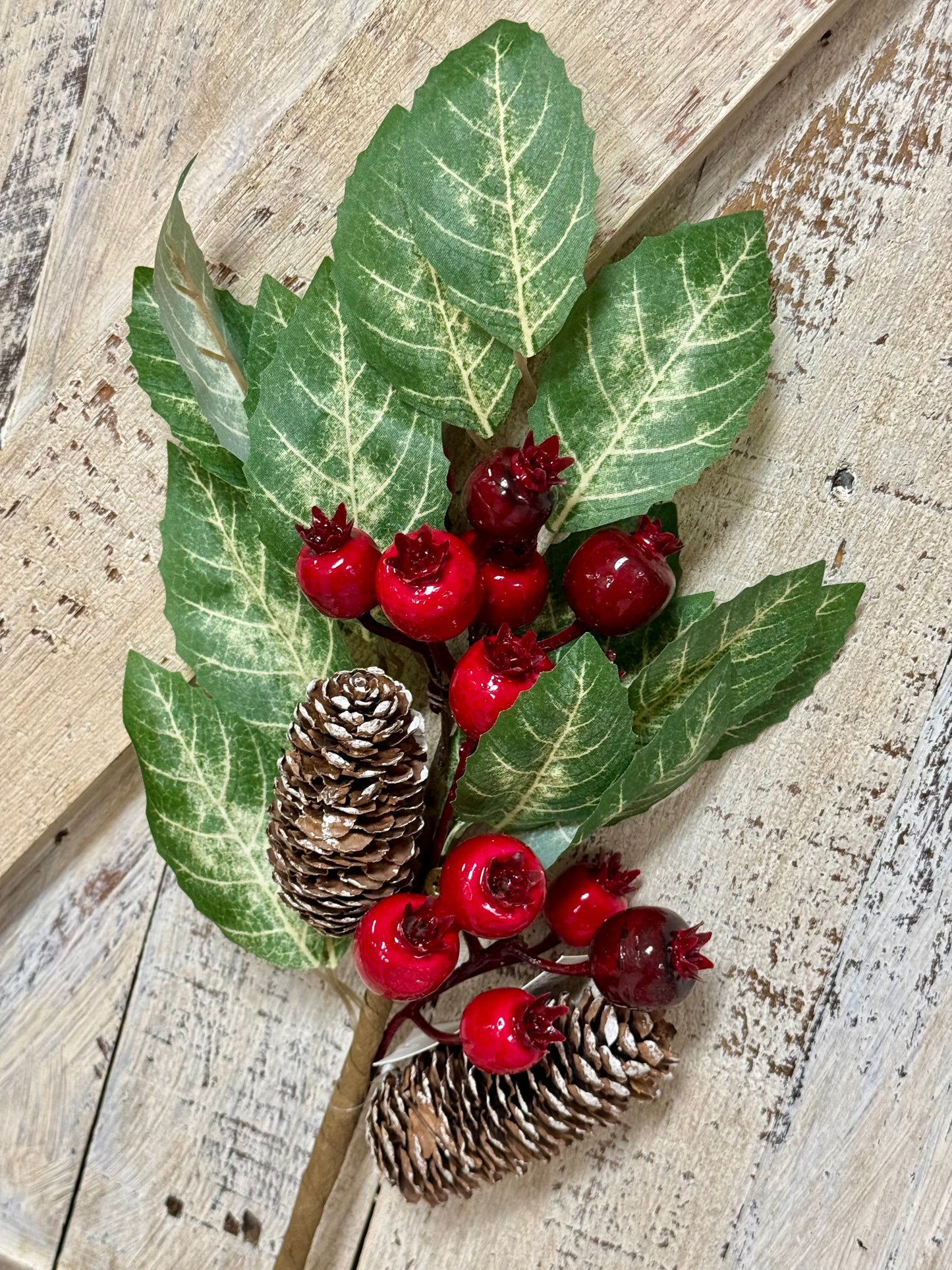 16 Inch Red And Green Berry Pinecone With Leaves Pick