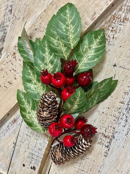 16 Inch Red And Green Berry Pinecone With Leaves Pick