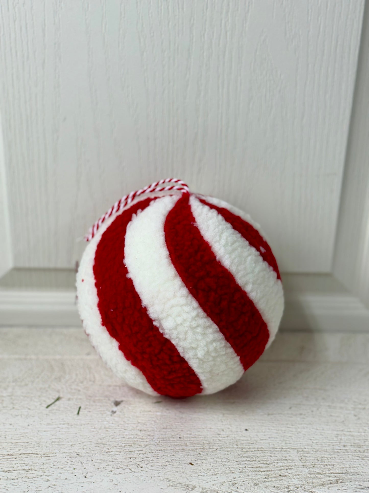 6.5 Inch Red And White Whimsical Wool Peppermint Stripe Ornament Ball