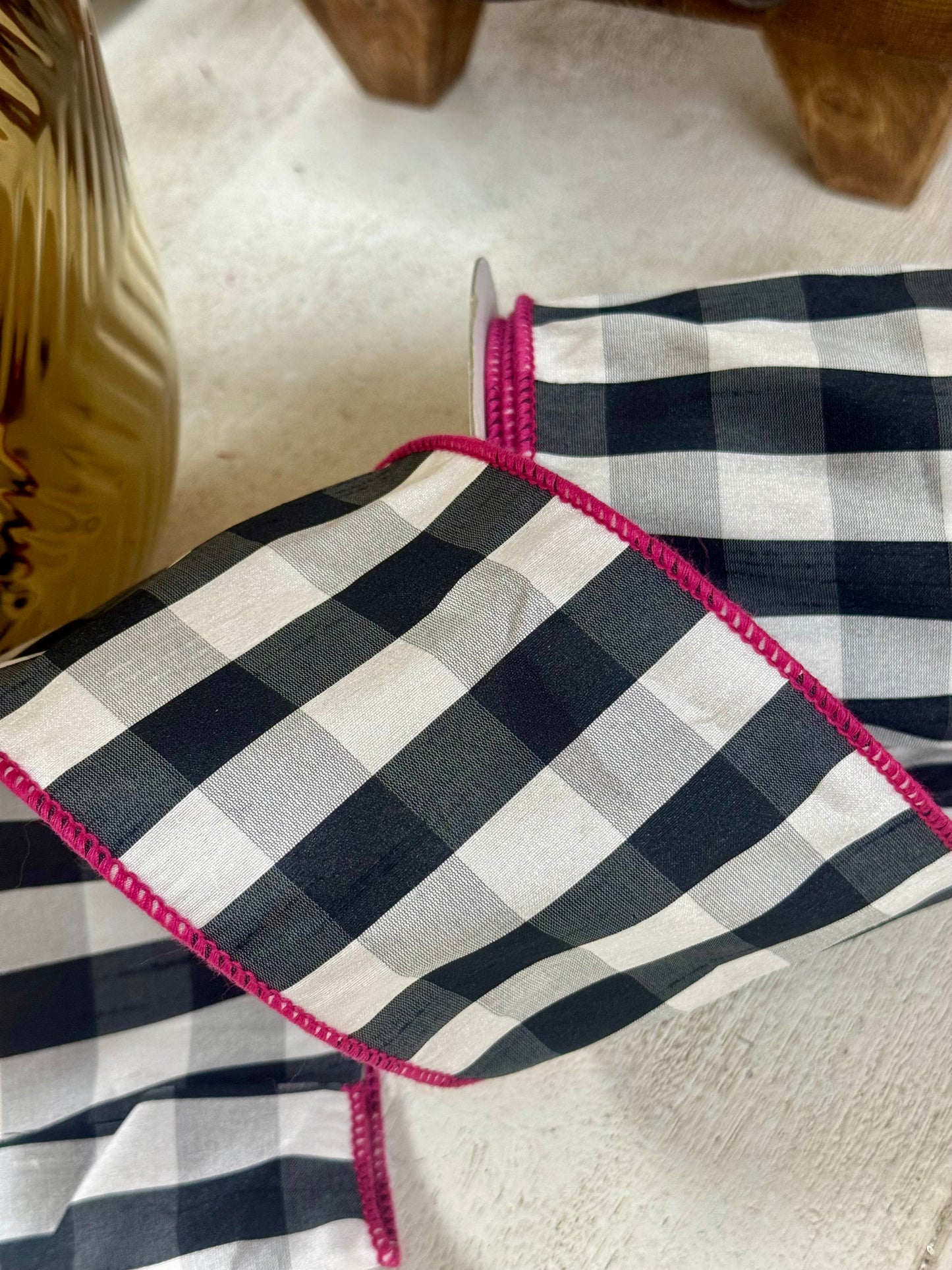 4 Inch By 10 Yard Black And White Gingham With Pink Edging Ribbon