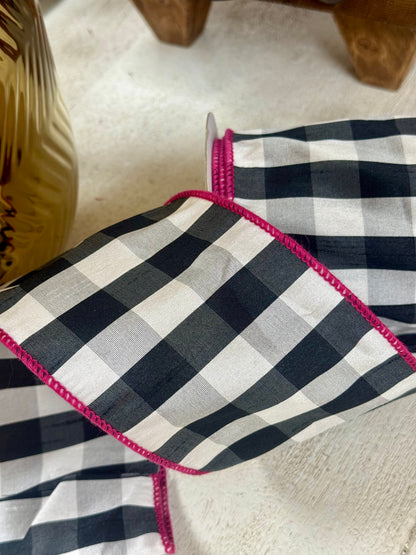 4 Inch By 10 Yard Black And White Gingham With Pink Edging Ribbon