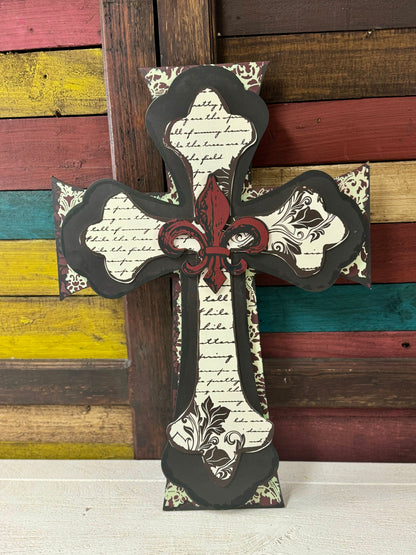 24 Inch By 17 Inch MDF Multi Layer Cross with Fleur De Lis