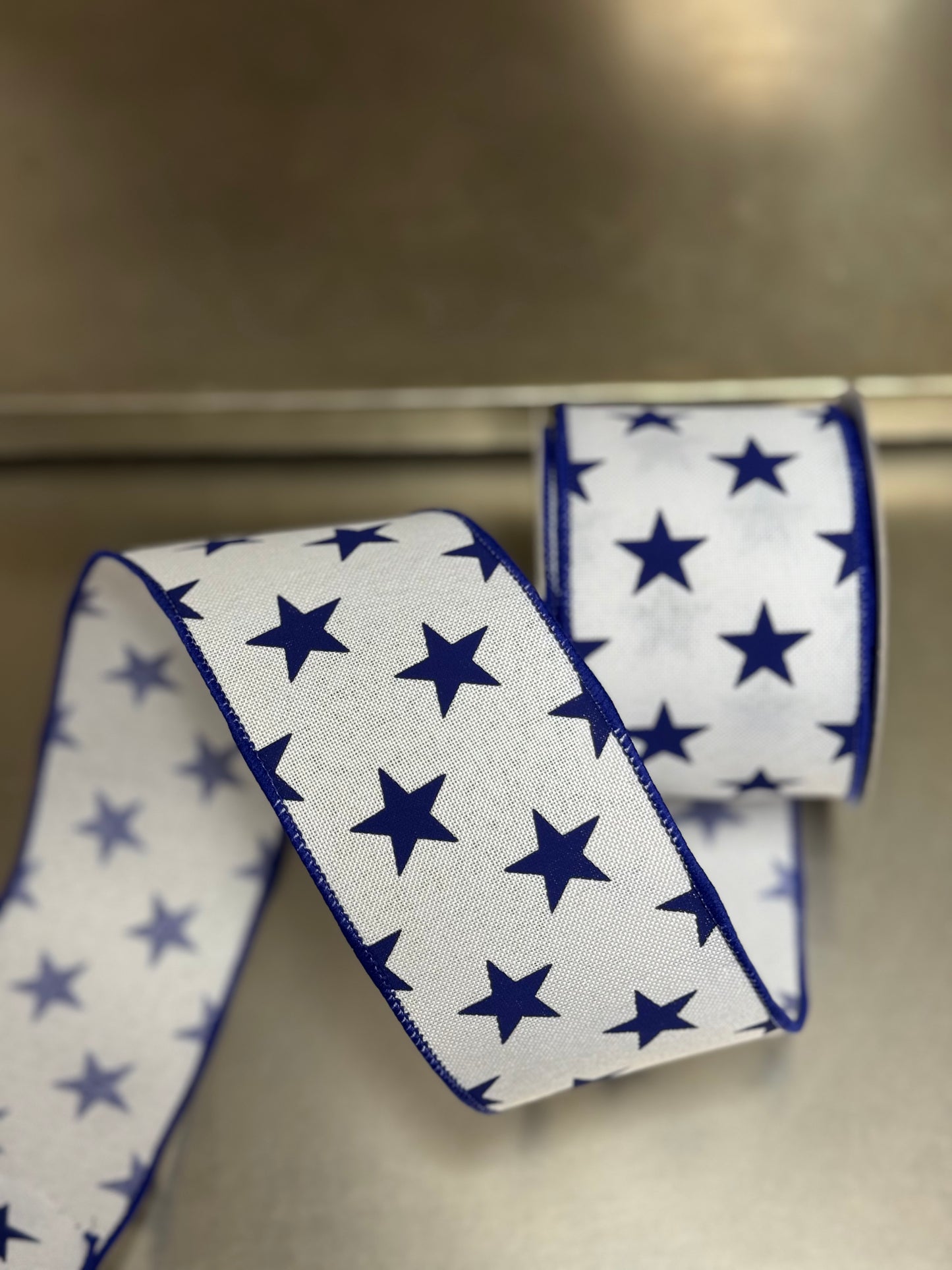 2.5 Inch By 10 Yard White And Navy Blue Stars Ribbon