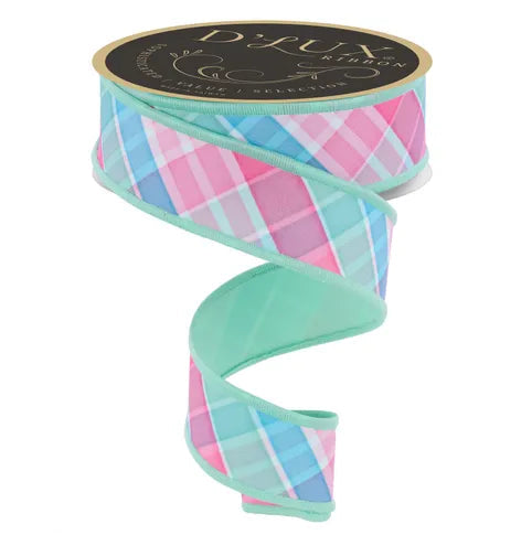 1.5 Inch By 10 Yard Light Teal Pink And Mint Bold Plaid Fused Ribbon