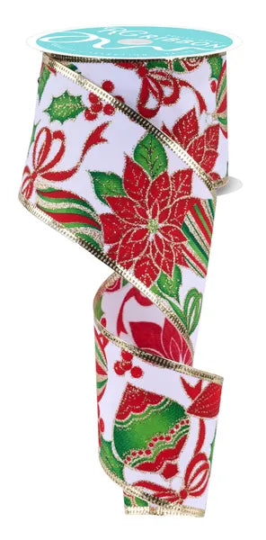 2.5 Inch By 10 Yard Poinsettia And Ornaments Ribbon