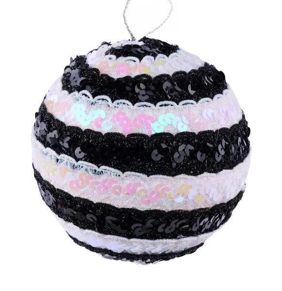 5 Inch Black And White Sequin Lace Ball Ornament
